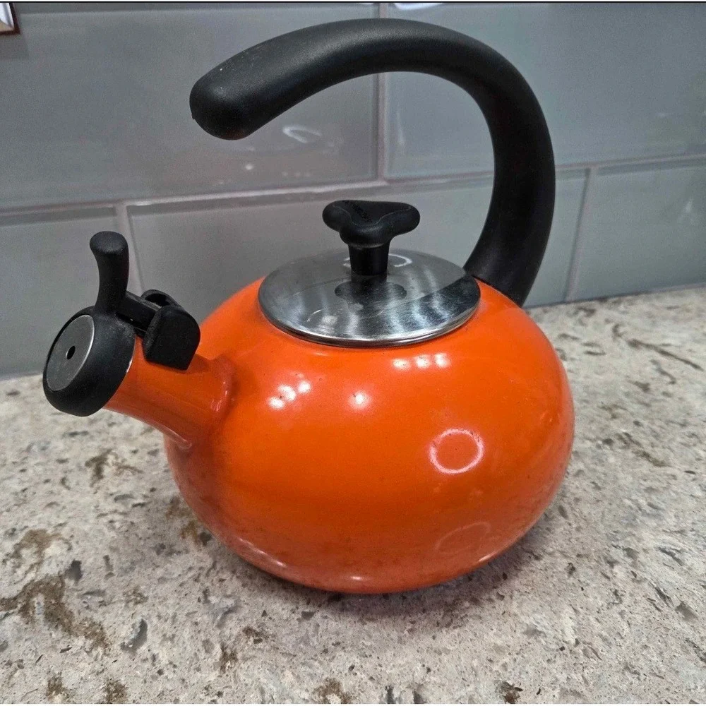VINTAGE Rachel Ray Orange Enamel Whistling Tea Kettle Stovetop 1.5 Quart Retro